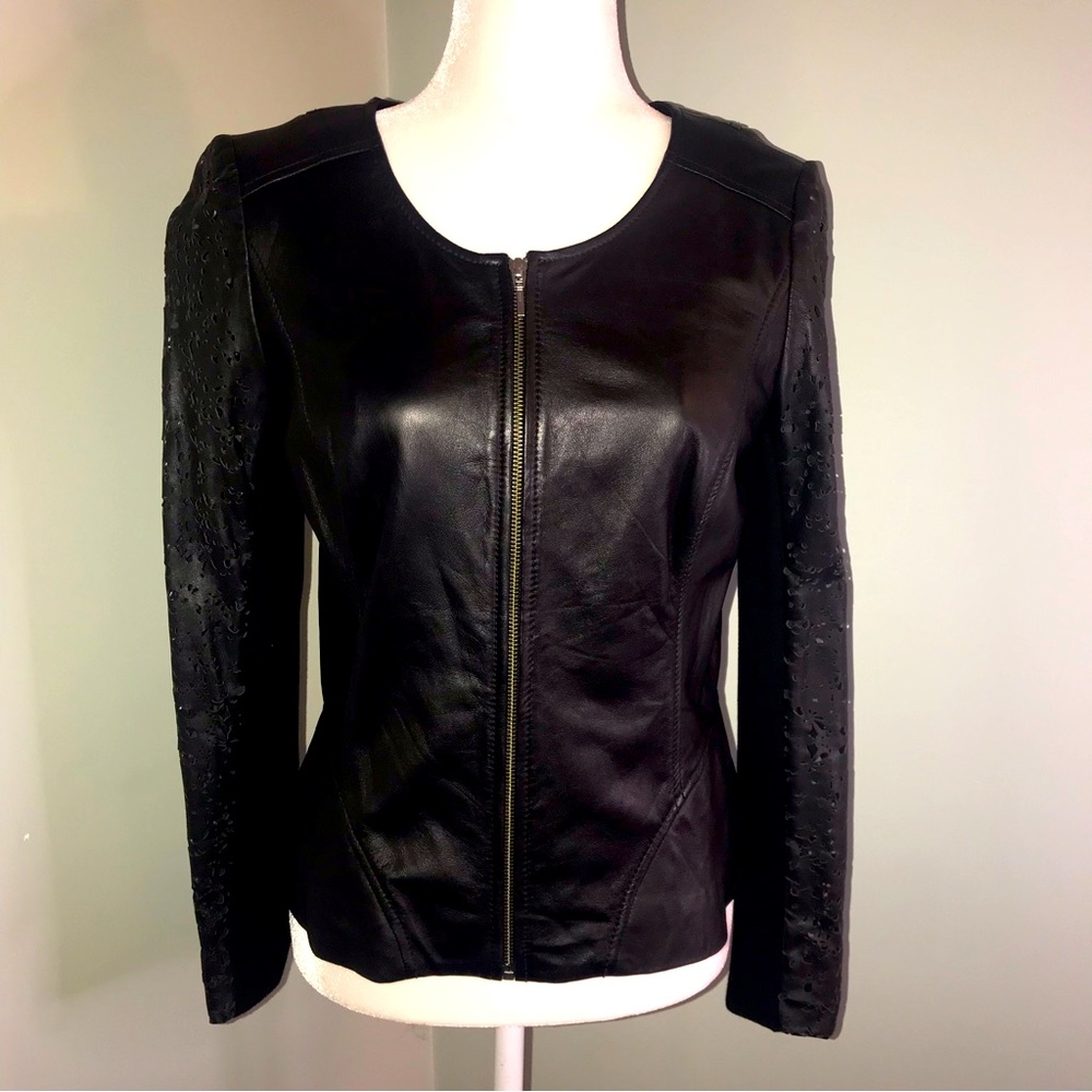 Hinge leather peplum bottom fitted jacket